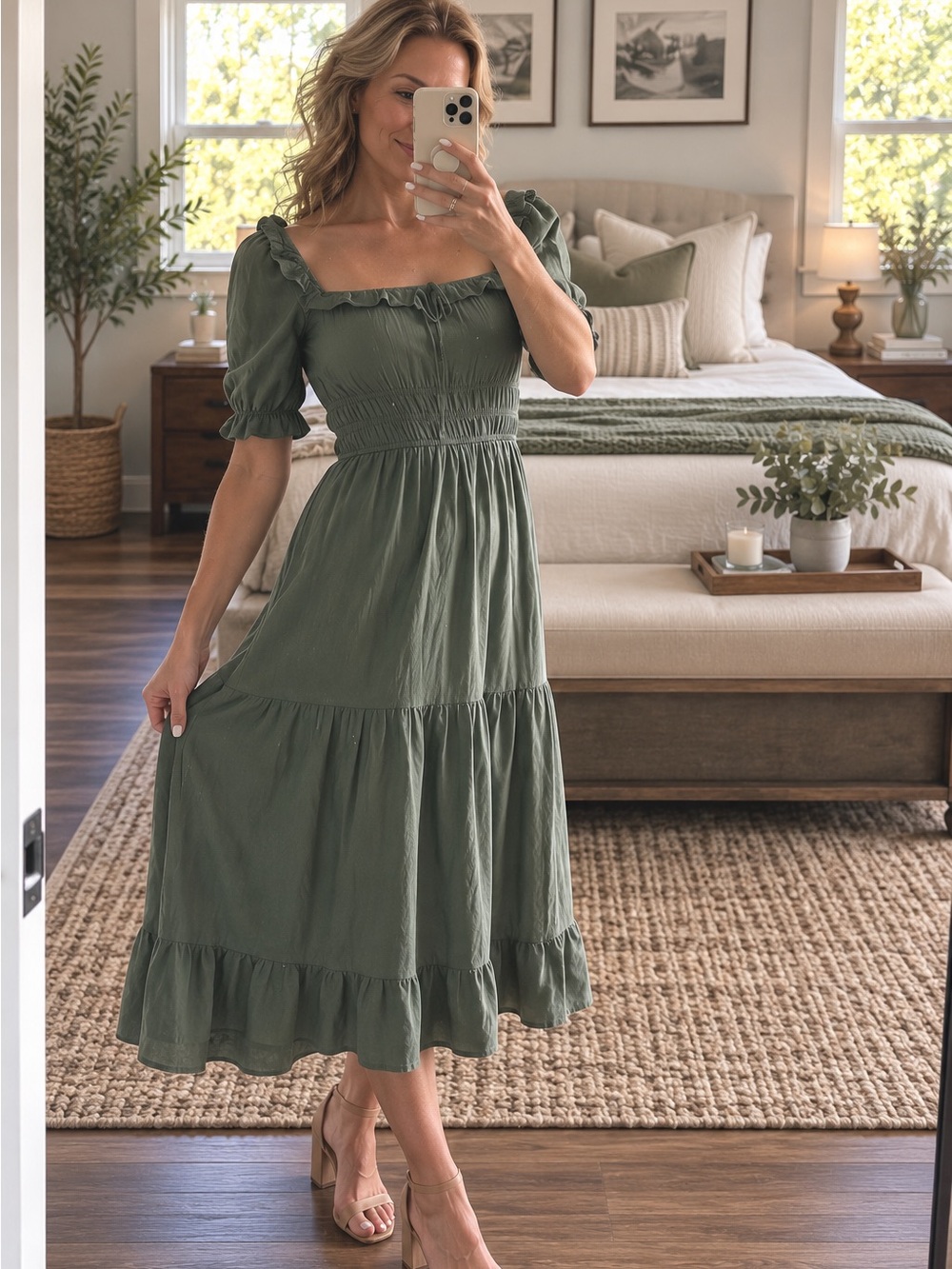 Sage Green Puff-Sleeve Smocked Midi Dress